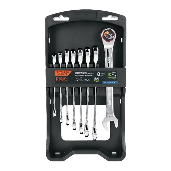 Изображение Truper Expert set of polished metric combination wrenches with ratchet, 8pcs 8-17mm
