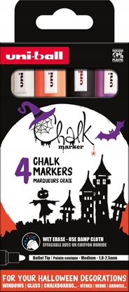 Изображение UNI-BALL Uni Chalk marker zestaw Halloween z 4 sztuk (kolory white, black, purple, orange)