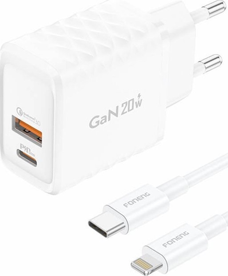 Picture of adowarka Foneng adowarka sieciowa Foneng EU56 1xUSB-A, 1xUSB-C, 20W (Biaa) + kabel USB-A do Lightning