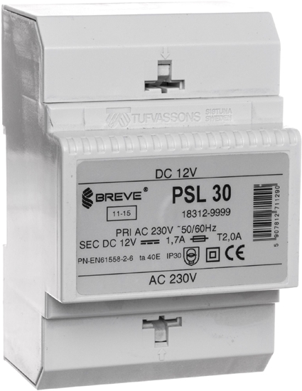 Picture of BREVE Zasilacz transformatorowy PSL 30 230VAC/12VDC 20W 1,7A (18312-9999)