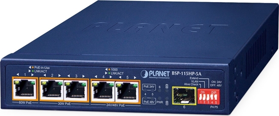 Picture of PLANET BSP-115HP-5A cza sieciowe Nie zarzdzany Gigabit Ethernet (10/100/1000) Obsuga PoE Niebieski