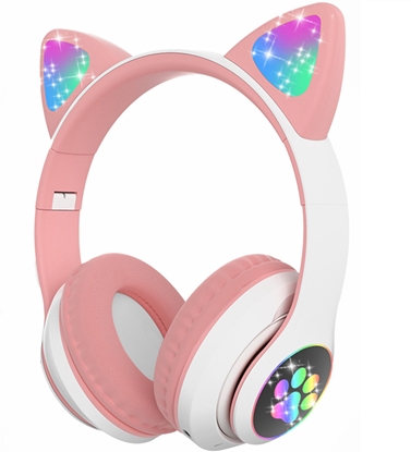 Изображение Suchawki bezprzewodowe dla dzieci Bluetooth wiecce LED RGB SD kot - biao róowe Suchawki bezprzewodowe dla dzieci Bluetooth wiecce LED RGB SD kot - biao róowe