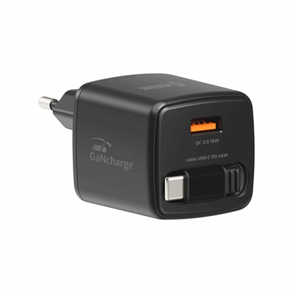 Picture of Swissten SlideCHARGE Power Charger GaN 45W USB-A 18W With retractable USB-C cable 0.75m black