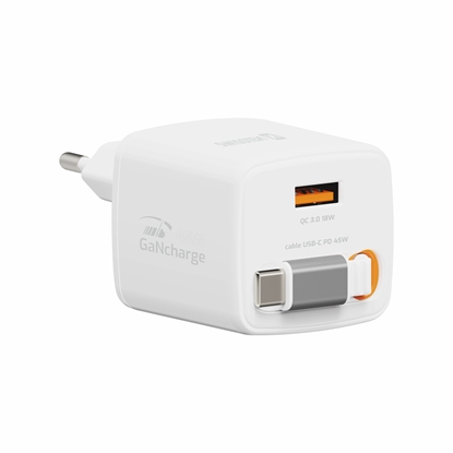 Picture of Swissten SlideCHARGE Power Charger GaN 45W USB-A 18W With retractable USB-C cable 0.75m white