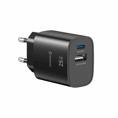 Picture of Swissten Travel Charger Edge GaN USB-A 18W / USB-C 25W black