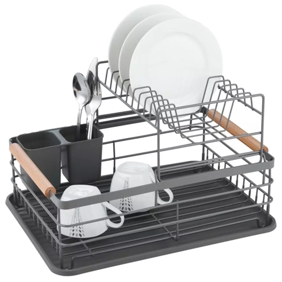 Picture of Two-Tier Dish Drying Rack, Steel-Plastic-Wood, Gray KINGHoff KH 1797