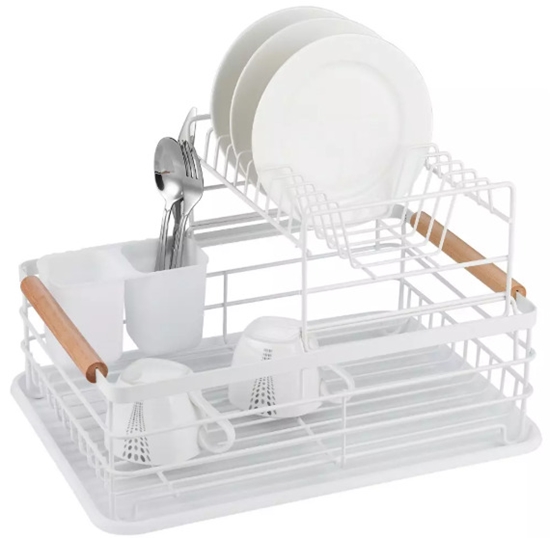 Picture of Two-Tier Dish Drying Rack, Steel-Plastic-Wood, White - KINGHoff KH 1798