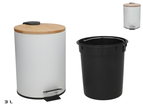 Изображение 3L Bamboo Lid Trash Can With Pedal, White, 21.00 x 17.00 x 23.00, BATH&GO