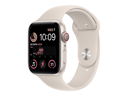 Picture of Apple Watch SE (GPS + Cellular) - 2nd generation - 44 mm - starlight aluminium - smart watch with sport band - fluoroelastomer - starlight - band size: Regular - 32 GB - Wi-Fi, LTE, Bluetooth - 4G - 32.9 g