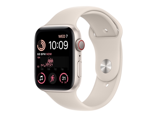Picture of Apple Watch SE (GPS + Cellular) - 2nd generation - 44 mm - starlight aluminium - smart watch with sport band - fluoroelastomer - starlight - band size: Regular - 32 GB - Wi-Fi, LTE, Bluetooth - 4G - 32.9 g