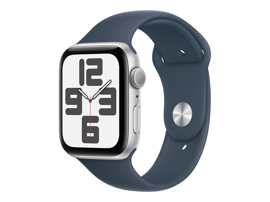 Picture of Apple Watch SE (GPS) - 2nd generation - 44 mm - silver aluminium - smart watch with sport band - fluoroelastomer - storm blue - band size: S/M - 32 GB - Wi-Fi, Bluetooth - 32.9 g