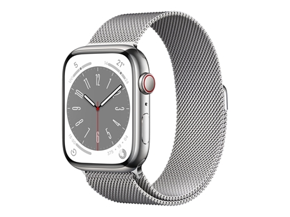 Picture of Apple Watch Series 8 (GPS + Cellular) - 45 mm - silver stainless steel - smart watch with milanese loop - wrist size: 150-200 mm - 32 GB - Wi-Fi, LTE, Bluetooth, UWB - 4G - 51.5 g