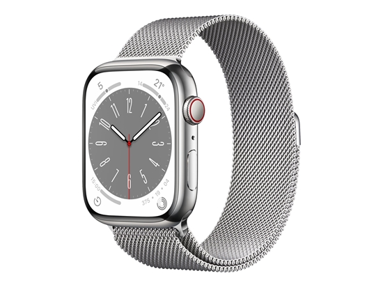 Picture of Apple Watch Series 8 (GPS + Cellular) - 45 mm - silver stainless steel - smart watch with milanese loop - wrist size: 150-200 mm - 32 GB - Wi-Fi, LTE, Bluetooth, UWB - 4G - 51.5 g