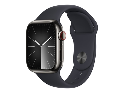 Picture of Apple Watch Series 9 (GPS + Cellular) - 41 mm - graphite stainless steel - smart watch with sport band - fluoroelastomer - midnight - band size: S/M - 64 GB - Wi-Fi, Bluetooth, UWB, LTE - 4G - 42.3 g