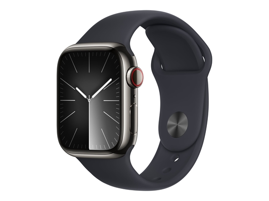 Picture of Apple Watch Series 9 (GPS + Cellular) - 41 mm - graphite stainless steel - smart watch with sport band - fluoroelastomer - midnight - band size: S/M - 64 GB - Wi-Fi, Bluetooth, UWB, LTE - 4G - 42.3 g