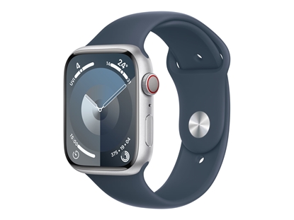 Picture of Apple Watch Series 9 (GPS + Cellular) - 45 mm - silver aluminium - smart watch with sport band - fluoroelastomer - storm blue - band size: S/M - 64 GB - Wi-Fi, Bluetooth, UWB, LTE - 4G - 39 g
