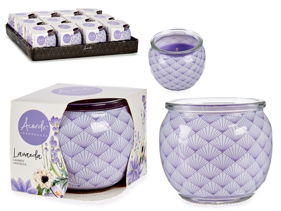 Picture of Candle in glass container, lavender, 6.3×7.5×7.5 cm, 13570, Acorde