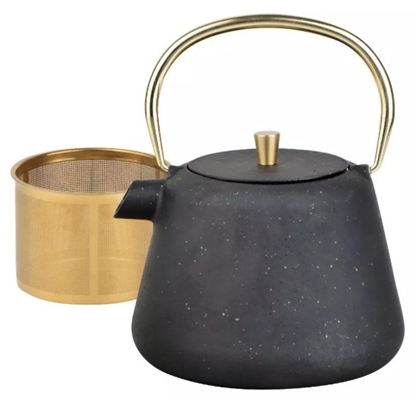 Picture of Cast iron teapot with strainer, enameled interior, 1l, black with brocade, gold elements, KINGHoff, KH 1932