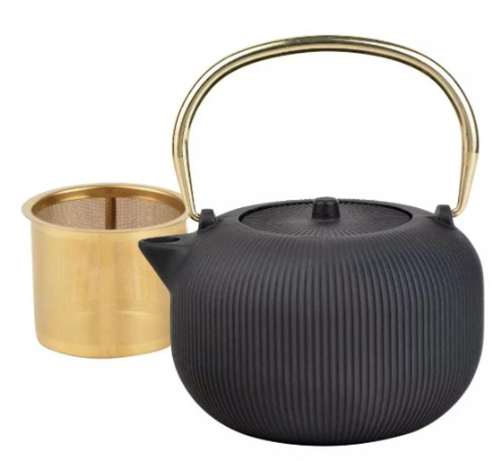 Picture of Cast iron teapot with strainer, enameled interior, 1l, black with gold handle, KINGHoff, KH 1931