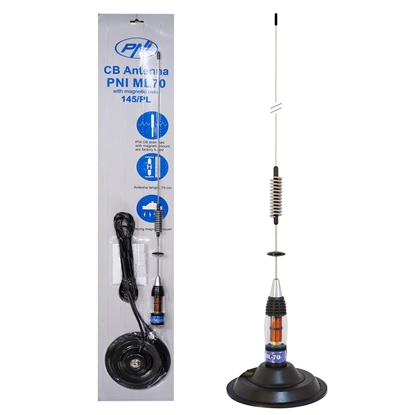 Изображение CB antena PNI ML70, 70 cm, 26–30 MHz, 200 W, komplektā 145 mm magnētiskā pamatne