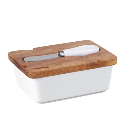 Picture of Ceramic butter dish, 15 × 10.5 × 5 cm, white, with acacia wood lid and spreading knife, Klausberg KB
