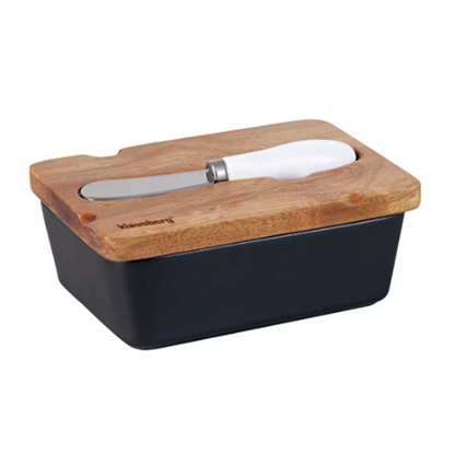 Picture of Ceramic butter dish, black, with acacia wood lid and grease knife, Klausberg, KB 7784