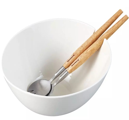 Attēls no Ceramic salad bowl, white, with a set of steel spoons with wooden handles, Klausberg, KB 7787