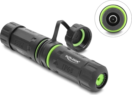 Picture of Delock Cable Connector DC 5.5 x 2.1 mm female to DC 5.5 x 2.1 mm female with M20 x 1.5 mm thread and protective cap with housing compatible with Starlink IP68 dust and waterproof