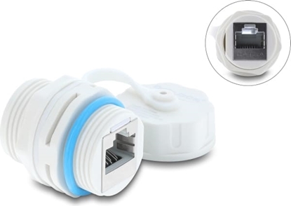 Attēls no Delock Cable Connector RJ45 jack to RJ45 jack Cat.6A with M23.5 x 1.5 mm thread and protective cap IP68 dust and waterproof white