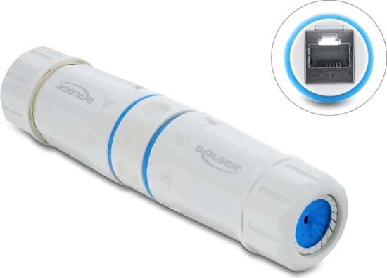 Picture of Delock Cable Connector RJ45 jack to RJ45 jack Cat.6A with M23.5 x 1.5 mm thread IP68 dust and waterproof white