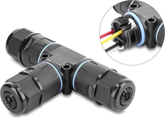 Picture of Delock Cable Connector T-shape with clamp connection 3 pin, IP68 waterproof, cable diameter 5 - 9 mm, incl. seal for 9 - 12 mm, tool-free black
