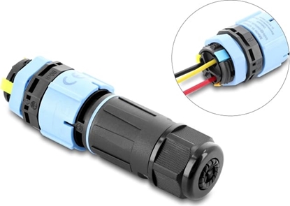 Attēls no Delock Cable Connector with bayonet lock 3 pin male to female with housing for built-in, IP68 waterproof, cable diameter 5 - 9 mm, incl. seals for 9 - 12 mm tool-free black