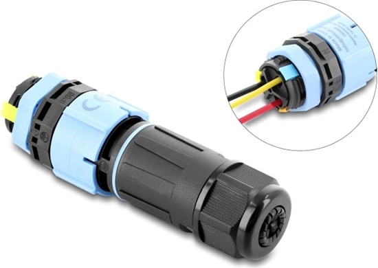 Picture of Delock Cable Connector with bayonet lock 3 pin male to female with housing for built-in, IP68 waterproof, cable diameter 5 - 9 mm, incl. seals for 9 - 12 mm tool-free black