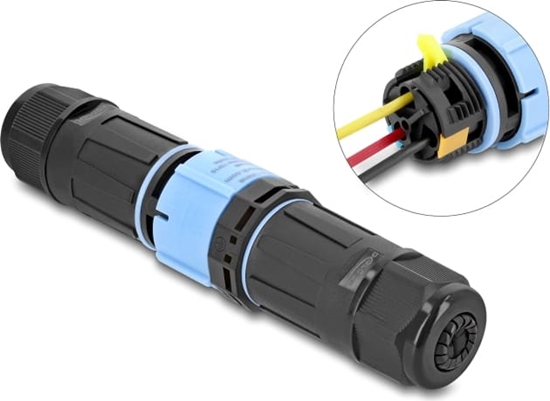 Picture of Delock Cable Connector with bayonet lock 3 pin male to female, IP68 waterproof, cable diameter 5 - 9 mm, incl. seals for 9 - 12 mm tool-free black