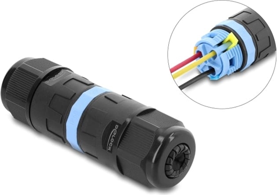 Picture of Delock Cable Connector with clamp connection 3 pin, IP68 waterproof, cable diameter 5 - 9 mm, incl. seals for 9 - 12 mm, tool-free black