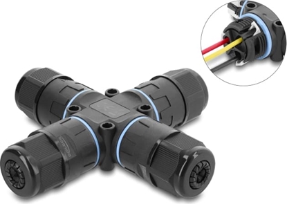 Attēls no Delock Cable Connector X-shape with clamp connection 3 pin, IP68 waterproof, cable diameter 5 - 9 mm, incl. seal for 9 - 12 mm, tool-free black