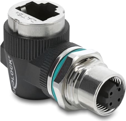 Изображение Delock M12 Adapter D-coded 4 pin female to RJ45 jack for built-in round 90° angled
