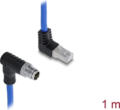 Изображение Delock M12 Cable X-coded 8 pin male angled downwards to RJ45 plug angled upwards S/FTP shielded 1 m blue
