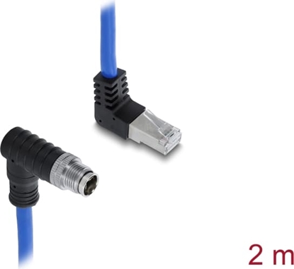 Изображение Delock M12 Cable X-coded 8 pin male angled downwards to RJ45 plug angled upwards S/FTP shielded 2 m blue
