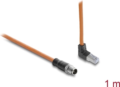 Изображение Delock M12 Cable X-coded 8 pin male straight to RJ45 plug angled upwards S/FTP shielded 1 m orange