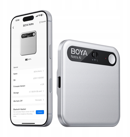Picture of Dyktafon Boya Rejestrator gosu BOYA Notra z transkrypcj AI - srebrny