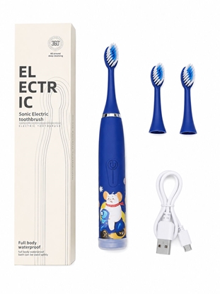 Изображение iLike Kids Rechargeable Sonic Electric Toothbrush, USB Charging, 3 Brush Heads (1+2 Replacement Heads), Soft Bristles, Waterproof, Blue Bear Design Blue