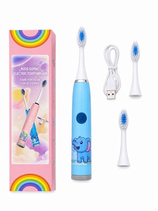 Изображение iLike Kids Rechargeable Sonic Electric Toothbrush, USB Charging, 3 Brush Heads (1+2 Replacement Heads), Soft Bristles, Waterproof, Blue Elephant Design Blue