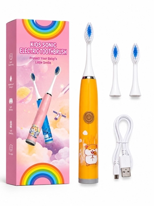 Изображение iLike Kids Rechargeable Sonic Electric Toothbrush, USB Charging, 3 Brush Heads (1+2 Replacement Heads), Soft Bristles, Waterproof, Cute Hamster Design Orange