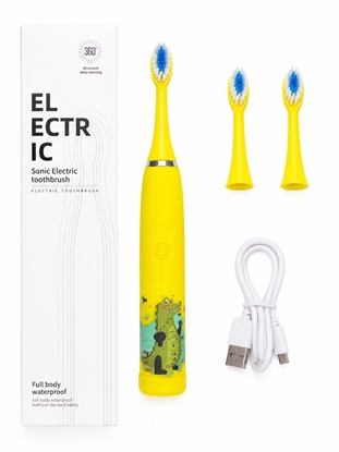 Изображение iLike Kids Rechargeable Sonic Electric Toothbrush, USB Charging, 3 Brush Heads (1+2 Replacement Heads), Soft Bristles, Waterproof, Yellow Crocodile Design Yellow