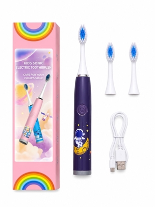 Изображение iLike Kids Rechargeable Sonic Electric Toothbrush, USB Charging, 3 Brush Heads (1+2 Replacement Heads), Soft Bristles, Waterproof, Space Astronaut Design Purple