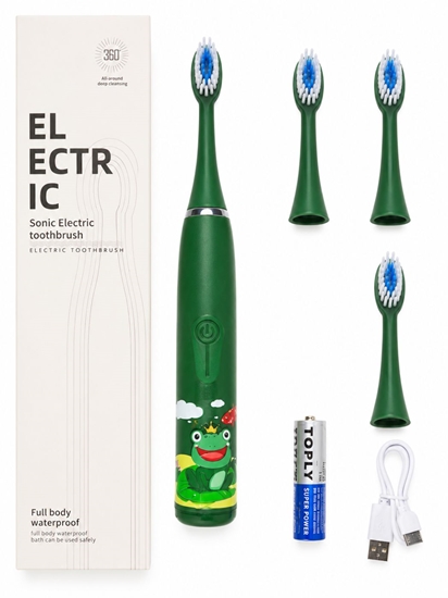 Изображение iLike Kids Sonic Electric Toothbrush, Waterproof, 5 Brush Heads (1+4 Replacement Heads), Battery Powered, Soft Bristles, Green Frog Design Green