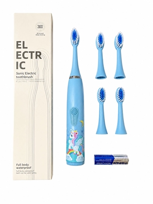 Изображение iLike Kids Sonic Electric Toothbrush, Waterproof, 5 Brush Heads (1+4 Replacement Heads), Battery Powered, Soft Bristles, Unicorn Design, Blue Blue