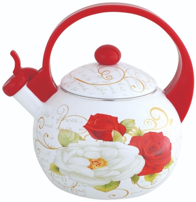 Picture of Kettle with whistle, enameled steel, red and white rose pattern, 2 l, KINGHoff, KH 1910