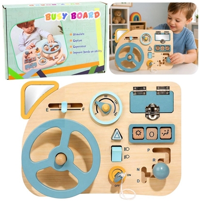 Picture of LeanToys Drewniana Tablica Manipulacyjna Sensoryczna Kierownica Przecznik Dwignie